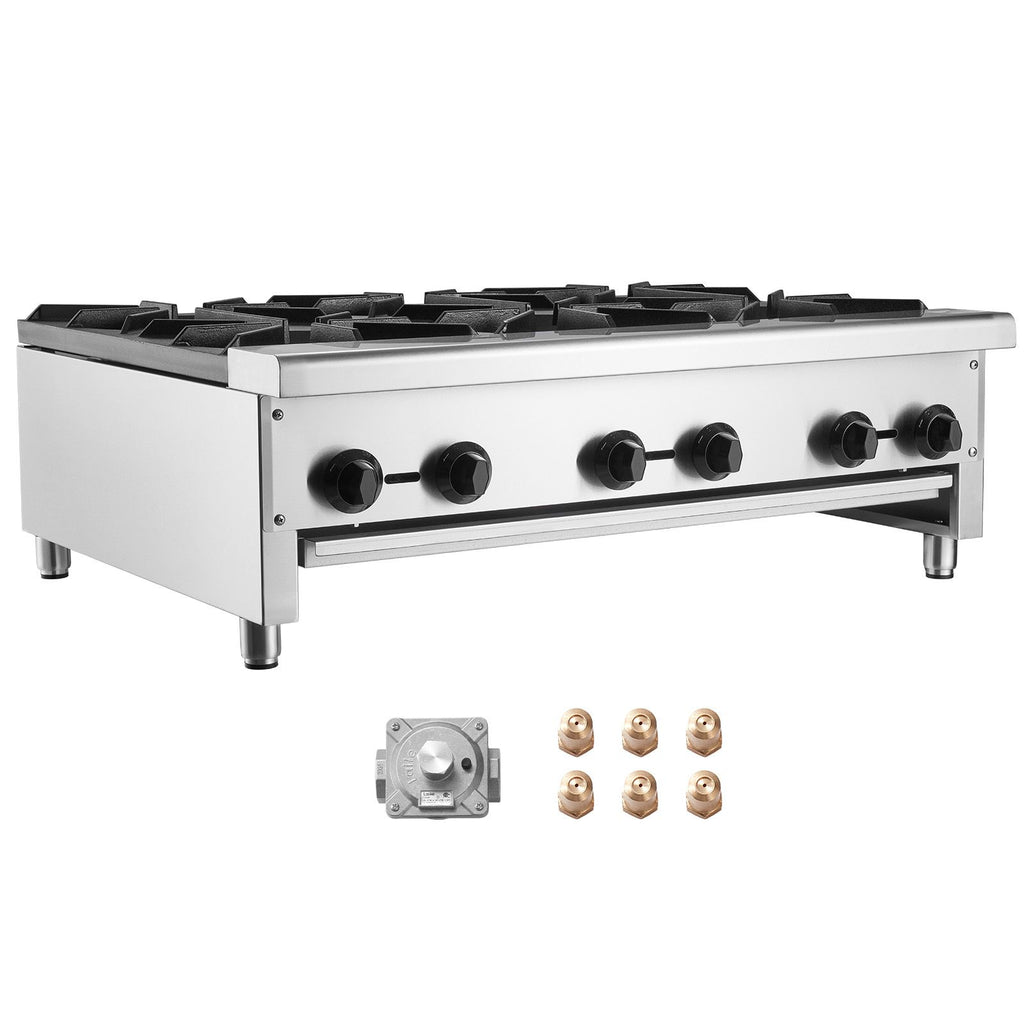 Commercial Gas Stove with 6 Burners, Propane and Natural Gas Countertop Cooking Stove Range, Stainless Steel Gas Hot Plate, Commercial Cooking Equipment for Restaurant, 168,000 BTU