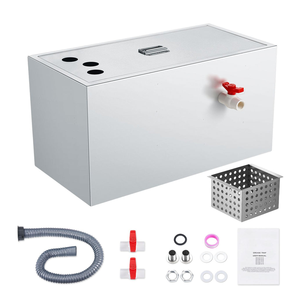 Commercial Grease Trap, 25 LBS Grease Interceptor, Top Inlet Interceptor, Under Sink Stainless Steel Grease Trap, 6.4 GPM Waste Water Oil-water Separator, for Restaurant Canteen Home Kitchen