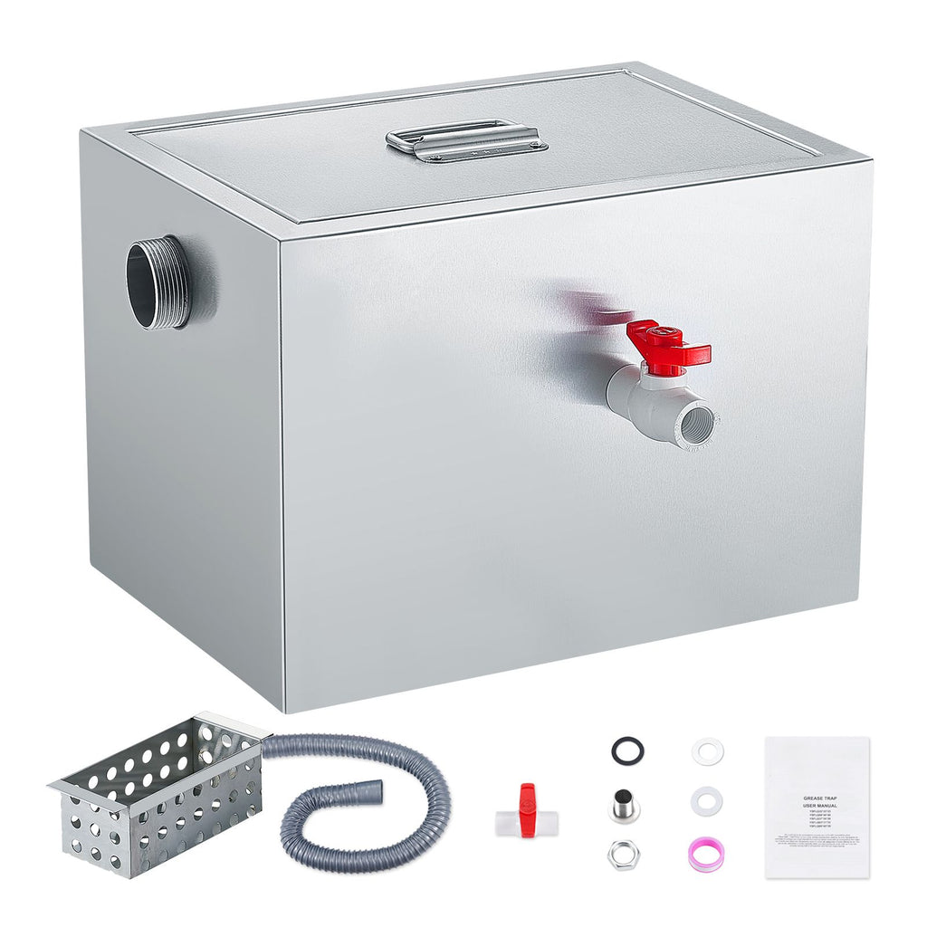 Commercial Grease Trap, 8 LBS Grease Interceptor, Side Inlet Interceptor, Under Sink Stainless Steel Grease Trap, 2.8 GPM Waste Water Oil-water Separator, for Restaurant Canteen Home Kitchen