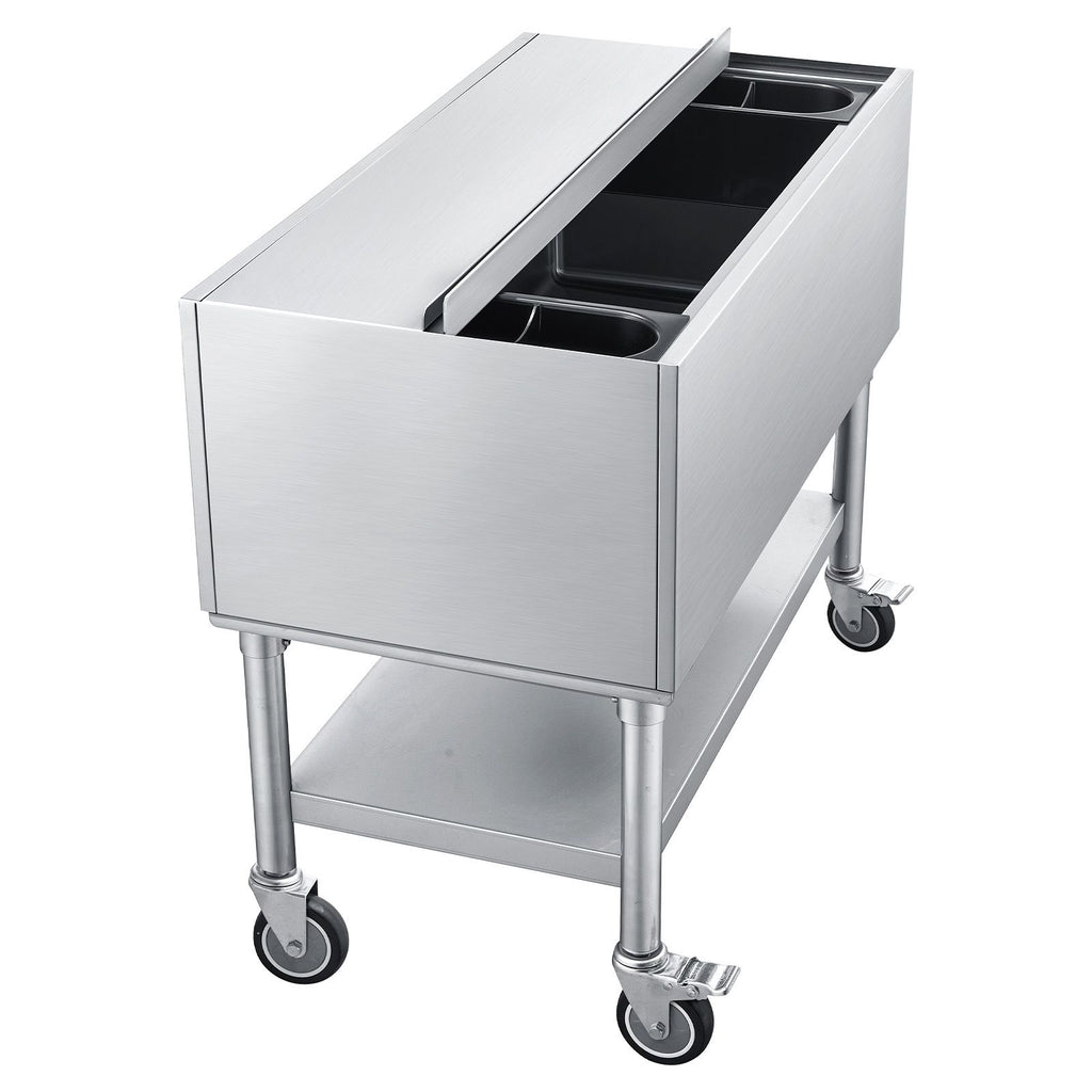 Commercial Ice Bin, 100.7 Qt Max Capacity, 36 x 19 x 35 Inch Stainless Steel Ice Chest with Sliding Lid and Bottle Holders, Cooler Cart Cocktail Unit for Bar Restaurant Pub, NSF Certified