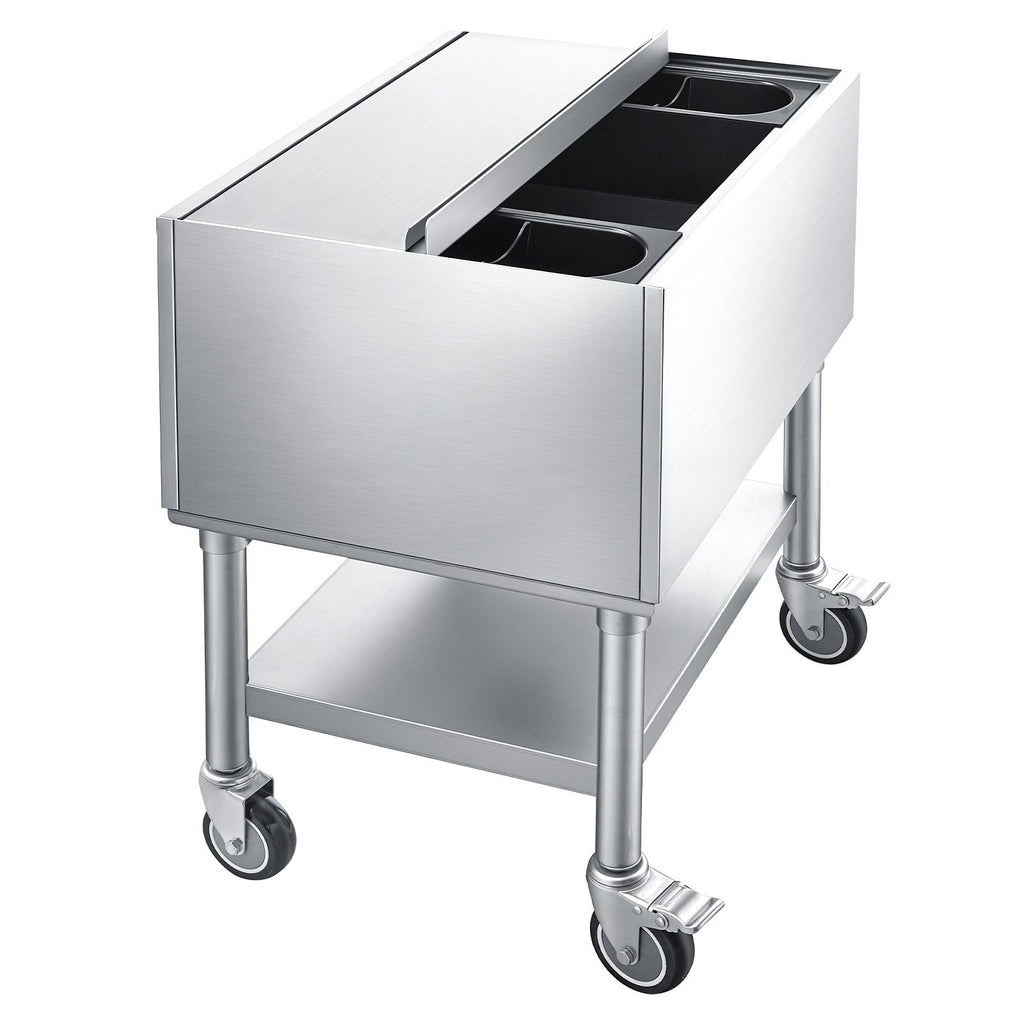 Commercial Ice Bin, 65.1 Qt Max Capacity, 24 x 19 x 35 Inch Stainless Steel Ice Chest with Sliding Lid and Bottle Holders, Cooler Cart Cocktail Unit for Bar Restaurant Pub, NSF Certified
