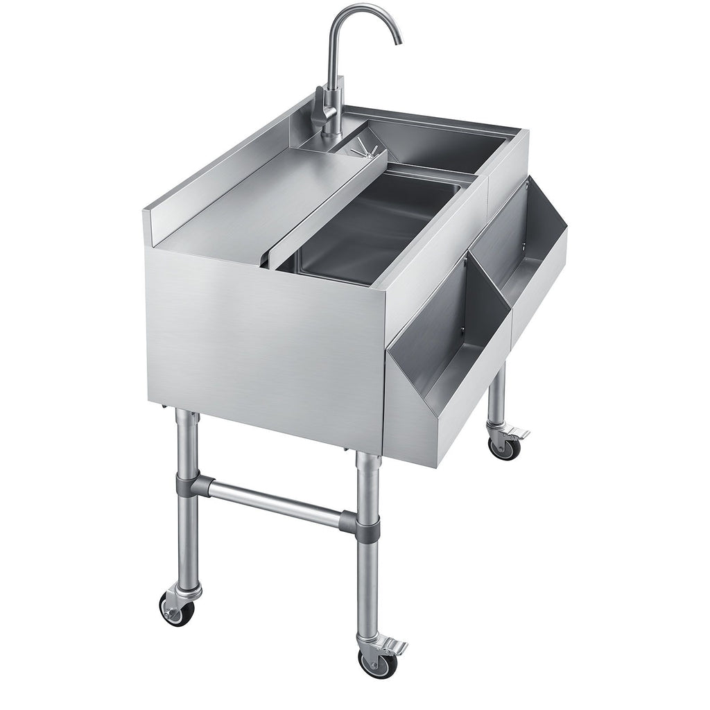 Commercial Ice Bin with Sink & Faucet, 60 Qt Max Capacity, 24 x 19 x 35 Inch Stainless Steel Ice Chest with Sliding Lid and Bottle Holders, Cooler Cart Cocktail Unit for Bar Restaurant Pub