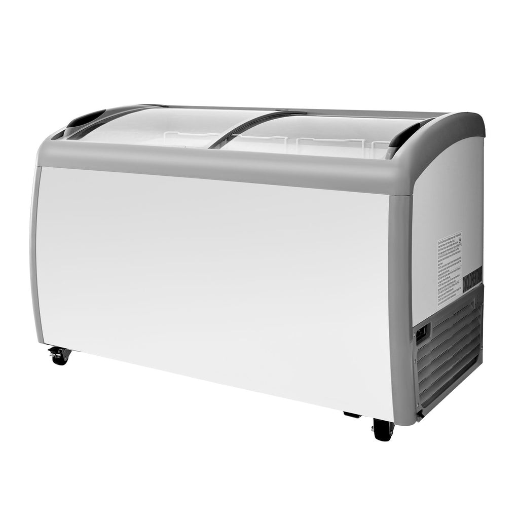 Commercial Ice Cream Display Case, 12.8 Cu.ft Chest Freezer, -19 to 3 F Temp Adjustable Mobile Top Deep Freezer with 4 Wire Baskets, 2 Sliding Glass Doors, Locking Casters & LED Strip Lighting