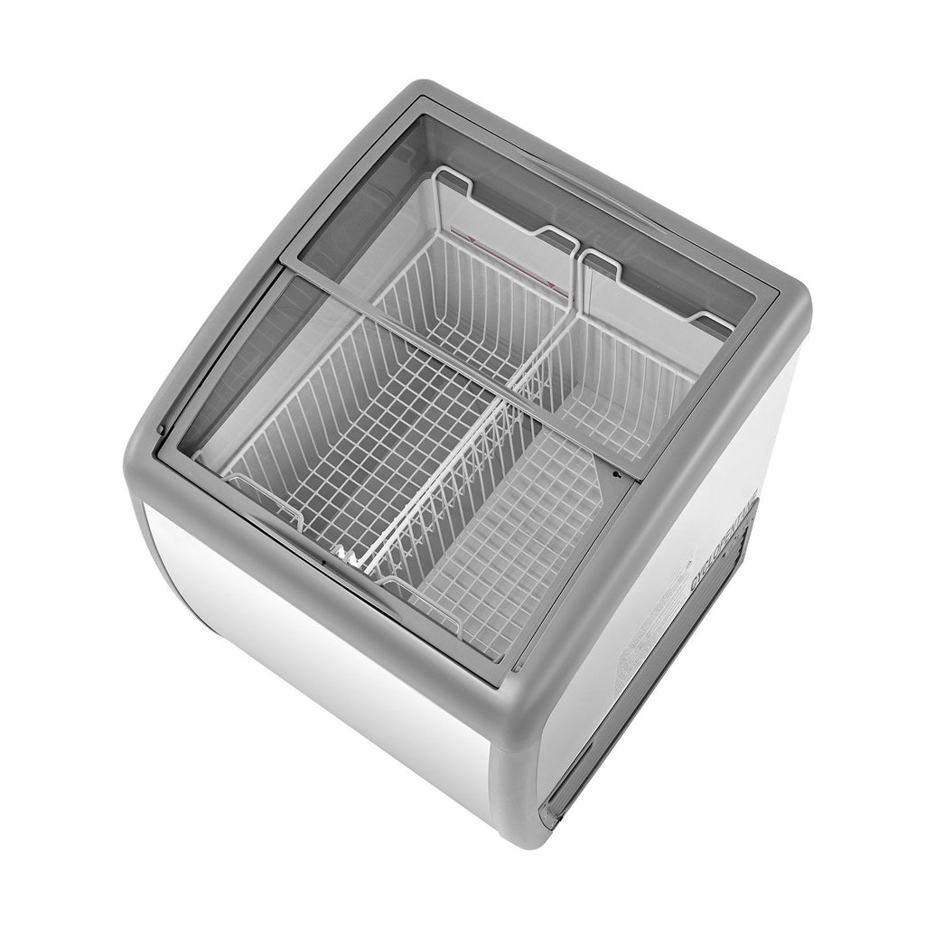 Commercial Ice Cream Display Case, 5.4 Cu.ft Chest Freezer, -19 to 3 F Temp Adjustable Mobile Top Deep Freezer with 2 Wire Baskets, 2 Sliding Glass Doors, Locking Casters & LED Strip Lighting
