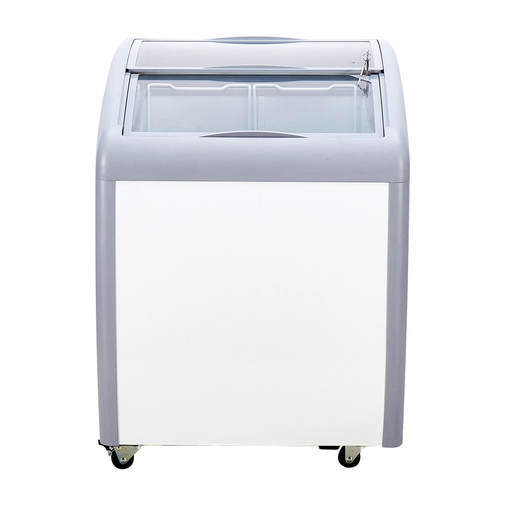 Commercial Ice Cream Display Case, 5.4 Cu.ft Chest Freezer, Mobile Glass Top Deep Freezer, Restaurant Gelato Dipping Cabinet with 2 Wire Baskets, 2 Sliding Glass Doors, Locking Casters, White