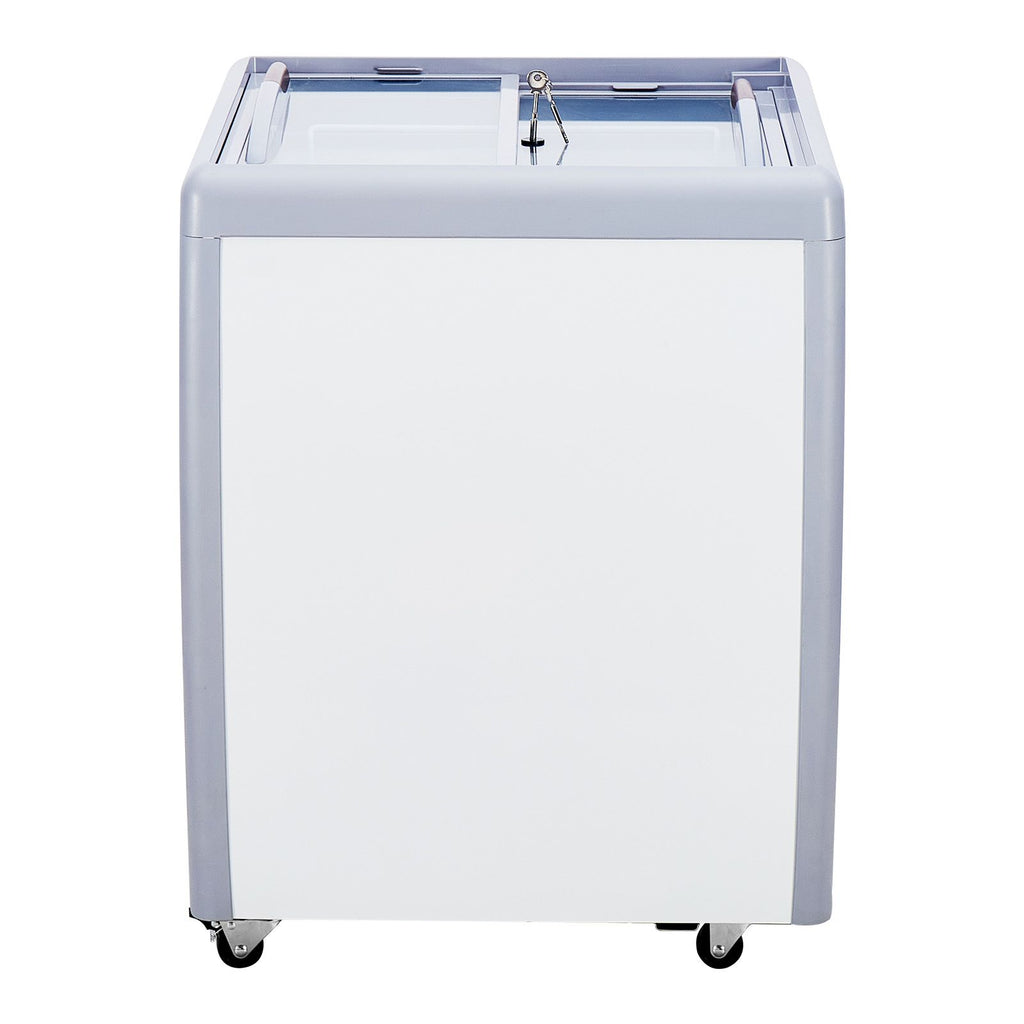 Commercial Ice Cream Display Case, 5.6 Cu.ft Chest Freezer, Mobile Glass Top Deep Freezer, Restaurant Gelato Dipping Cabinet, 2 Sliding Glass Doors, Locking Casters, White