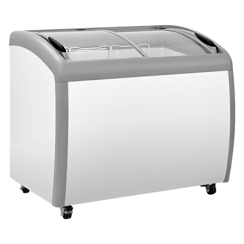 Commercial Ice Cream Display Case, 9.3 Cu.ft Chest Freezer, -19 to 3 F Temp Adjustable Mobile Top Deep Freezer with 3 Wire Baskets, 2 Sliding Glass Doors, Locking Casters & LED Strip Lighting