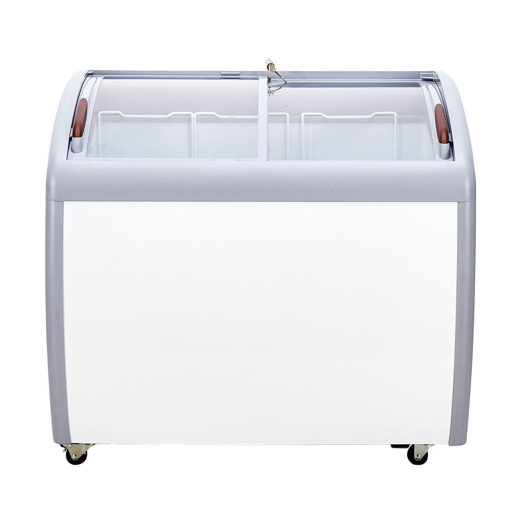 Commercial Ice Cream Display Case, 9.3 Cu.ft Chest Freezer, Mobile Glass Top Deep Freezer, Restaurant Gelato Dipping Cabinet with 3 Wire Baskets, 2 Sliding Glass Doors, Locking Casters, White