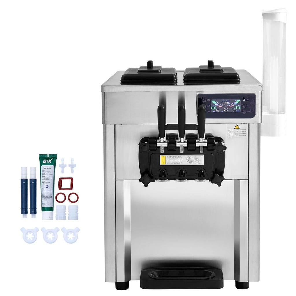 Commercial Ice Cream Machine, 18-28 L/H Yield, 1850W 3-Flavor Countertop Soft Serve Ice Cream Maker, 2 x 5.5L Stainless Steel Cylinder, LED Panel Auto Clean Pre-cooling, for Restaurant Bars