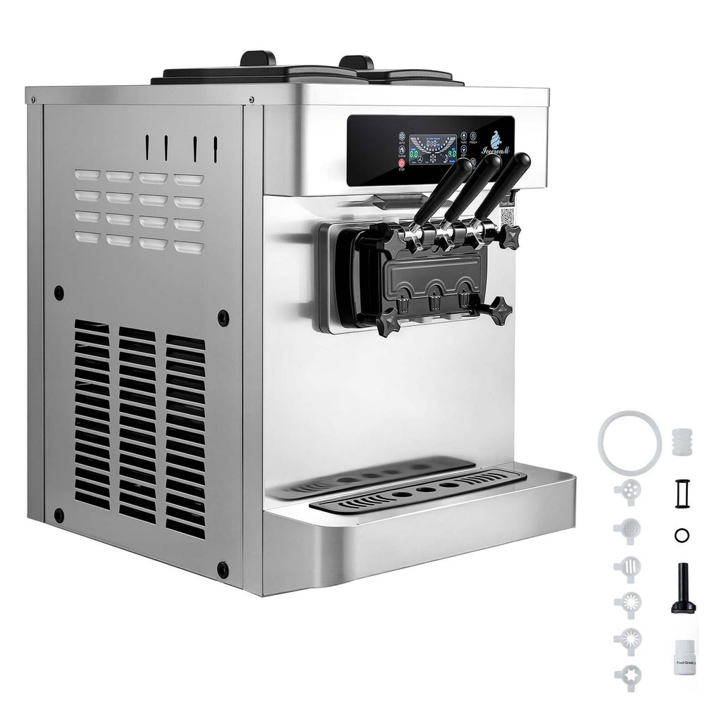 Commercial Ice Cream Machine, 20-28L/H Yield, 2200W 3-Flavor Countertop Soft Serve Ice Cream Maker with 2 x 6L Hoppers & Built-In Puffing Pump, Pre-Cooling Low-Mix Alert for Snack Dessert Shops