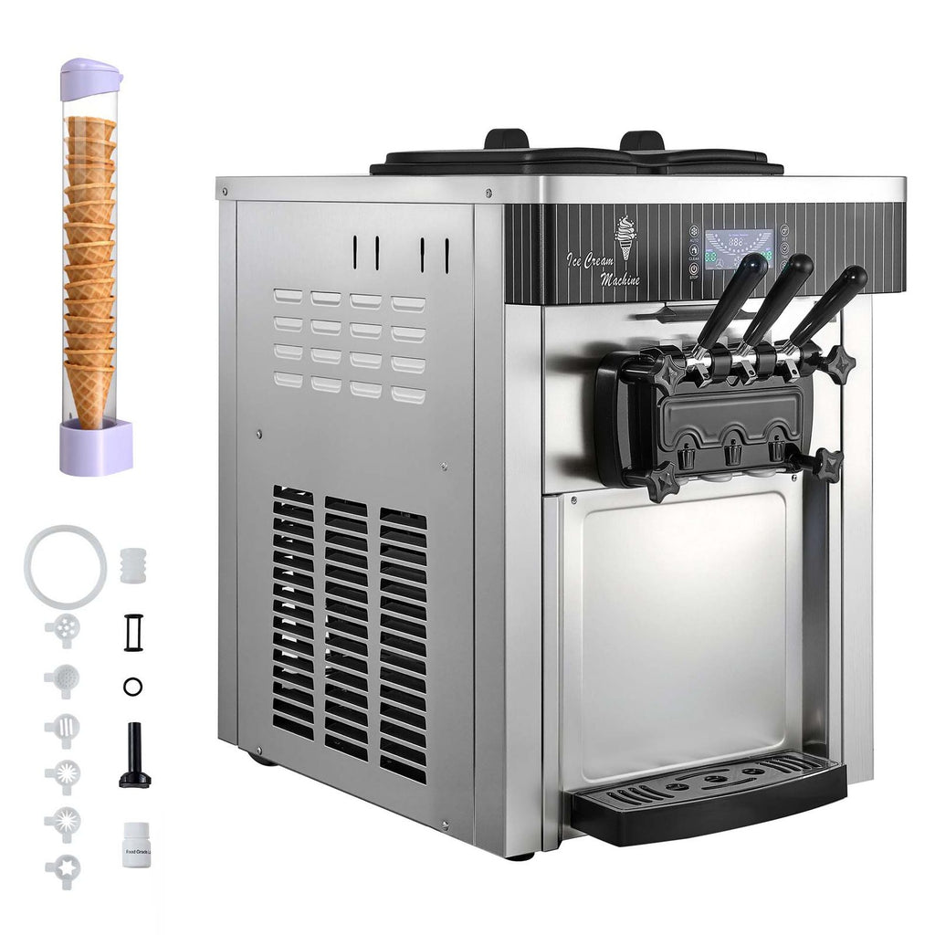 Commercial Ice Cream Machine, 20-28L/H Yield, 2200W 3-Flavor Countertop Soft Serve Ice Cream Maker with 2 x 6L Hoppers & Hopper Agitation, Pre-Cooling Self-Cleaning for Snack Dessert Shops