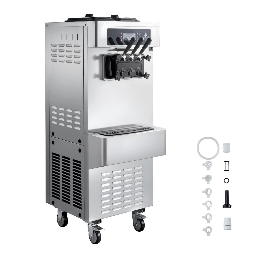Commercial Ice Cream Machine, 20-28L/H Yield, 2200W 3-Flavor Freestanding Soft Serve Ice Cream Maker with 2 x 6L Hoppers & Built-In Puffing Pump, Pre-Cooling Low-Mix Alert for Snack Dessert Shop