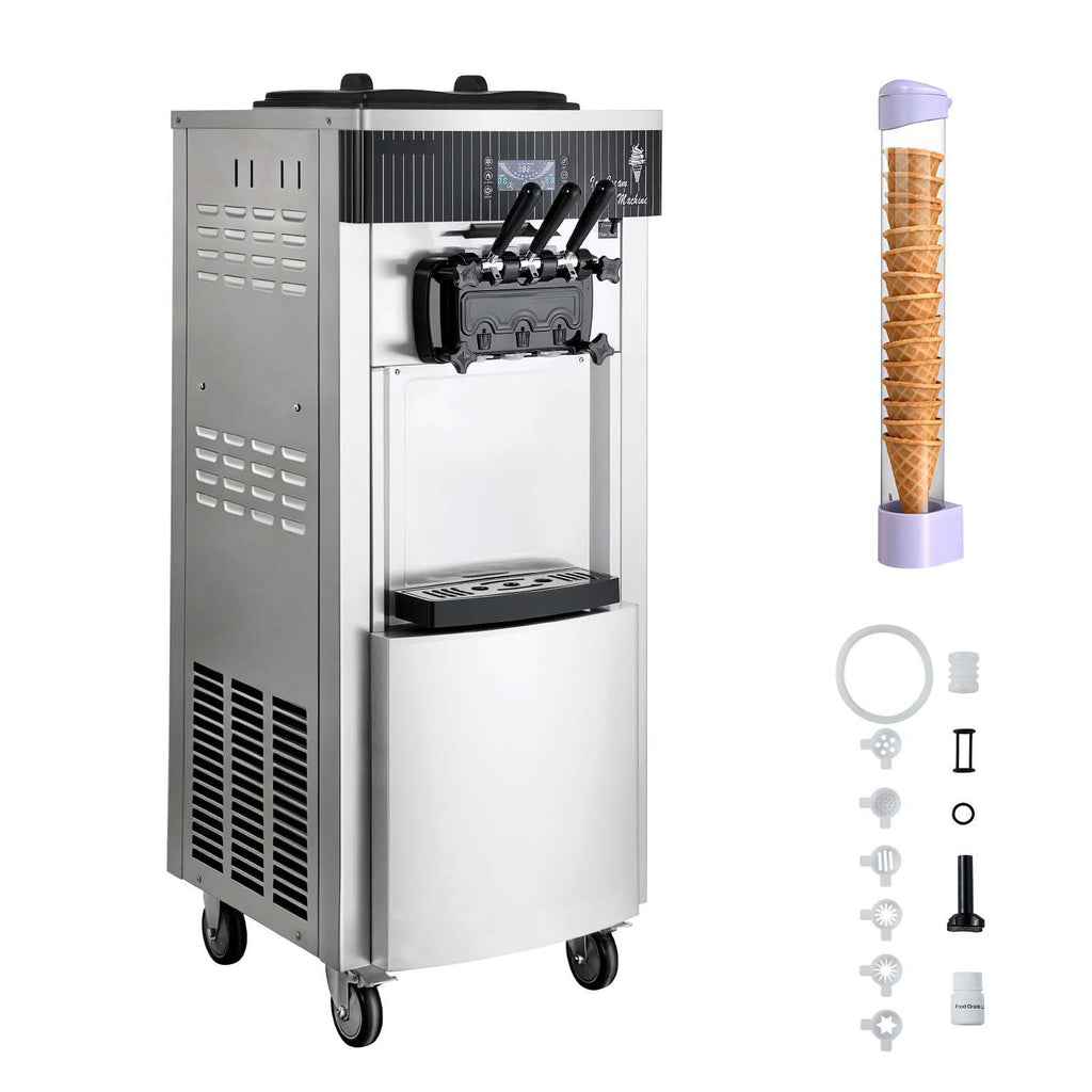 Commercial Ice Cream Machine, 20-28L/H Yield, 2200W 3-Flavor Freestanding Soft Serve Ice Cream Maker with 2 x 6L Hoppers & Hopper Agitation, Pre-Cooling Self-Cleaning for Snack Dessert Shops