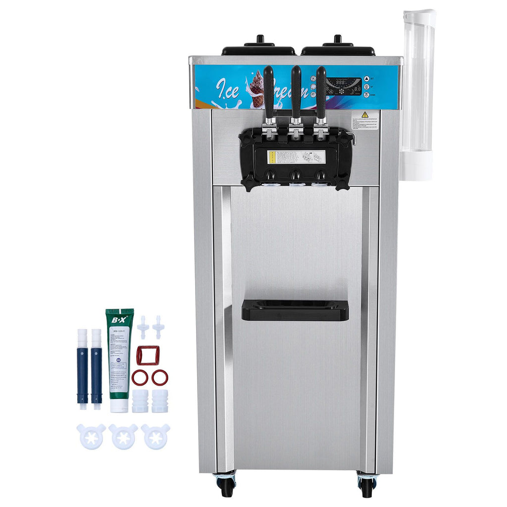 Commercial Ice Cream Machine, 21-31 L/H Yield, 1800W 3-Flavor Freestanding Soft Serve Ice Cream Maker, 2 x 5.5L Stainless Steel Cylinder, LED Panel Auto Clean Pre-cooling, for Restaurant Bars