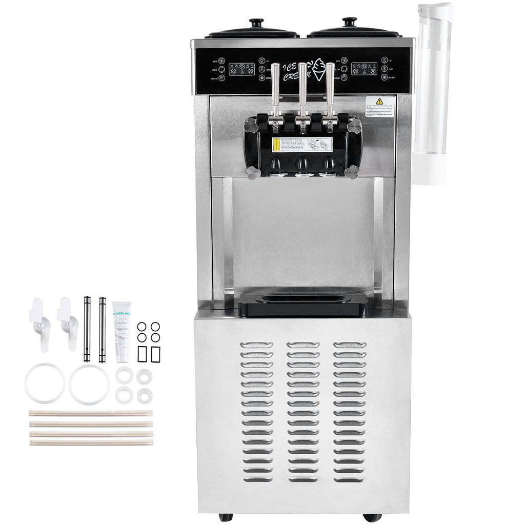 Commercial Ice Cream Machine, 34-44 L/H Yield, 3400W 3-Flavor Freestanding Soft Serve Ice Cream Maker, 2 x 9L Stainless Steel Hopper, LED Panel Allows Single Cylinder Use Overnight Refrigeration