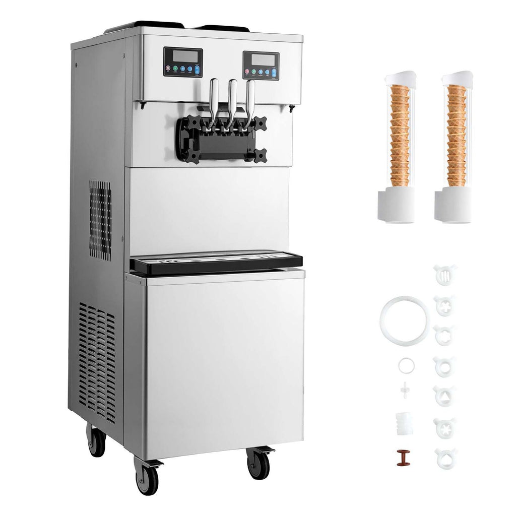 Commercial Ice Cream Machine, 34-44L/H Yield, Dual-Compressor Freestanding Soft Serve Ice Cream Maker with 2*10L Hoppers & 3 Flavors, Pre-Cooling Puffing Low-Mix Alert for Snack Dessert Shops