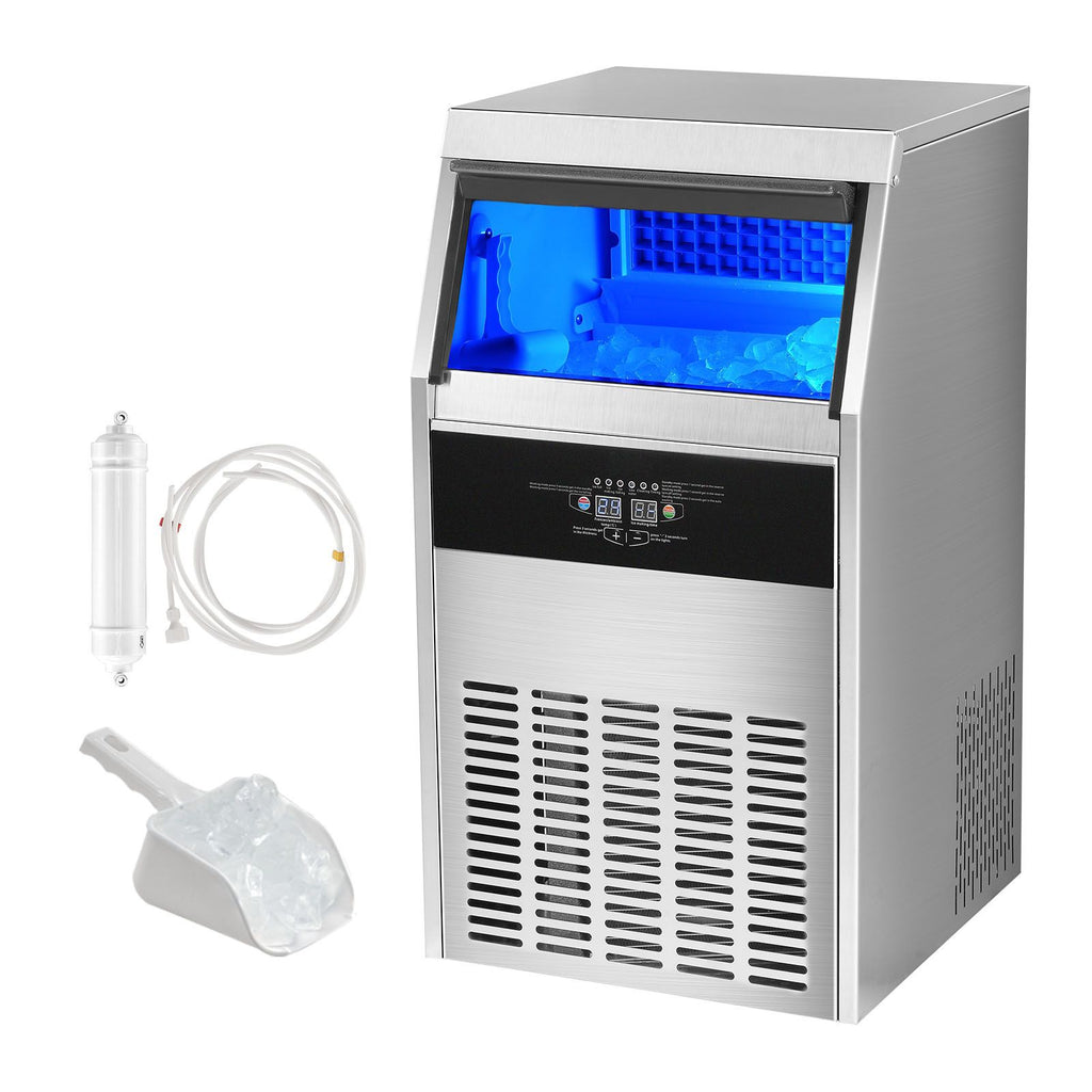 Commercial Ice Maker, 130lbs/24H, Ice Maker Machine, 60 Ice Cubes in 12-15 Minutes, Freestanding Cabinet Ice Maker with 33lbs Storage Capacity LED Digital Display, for Bar Home Office Restaurant