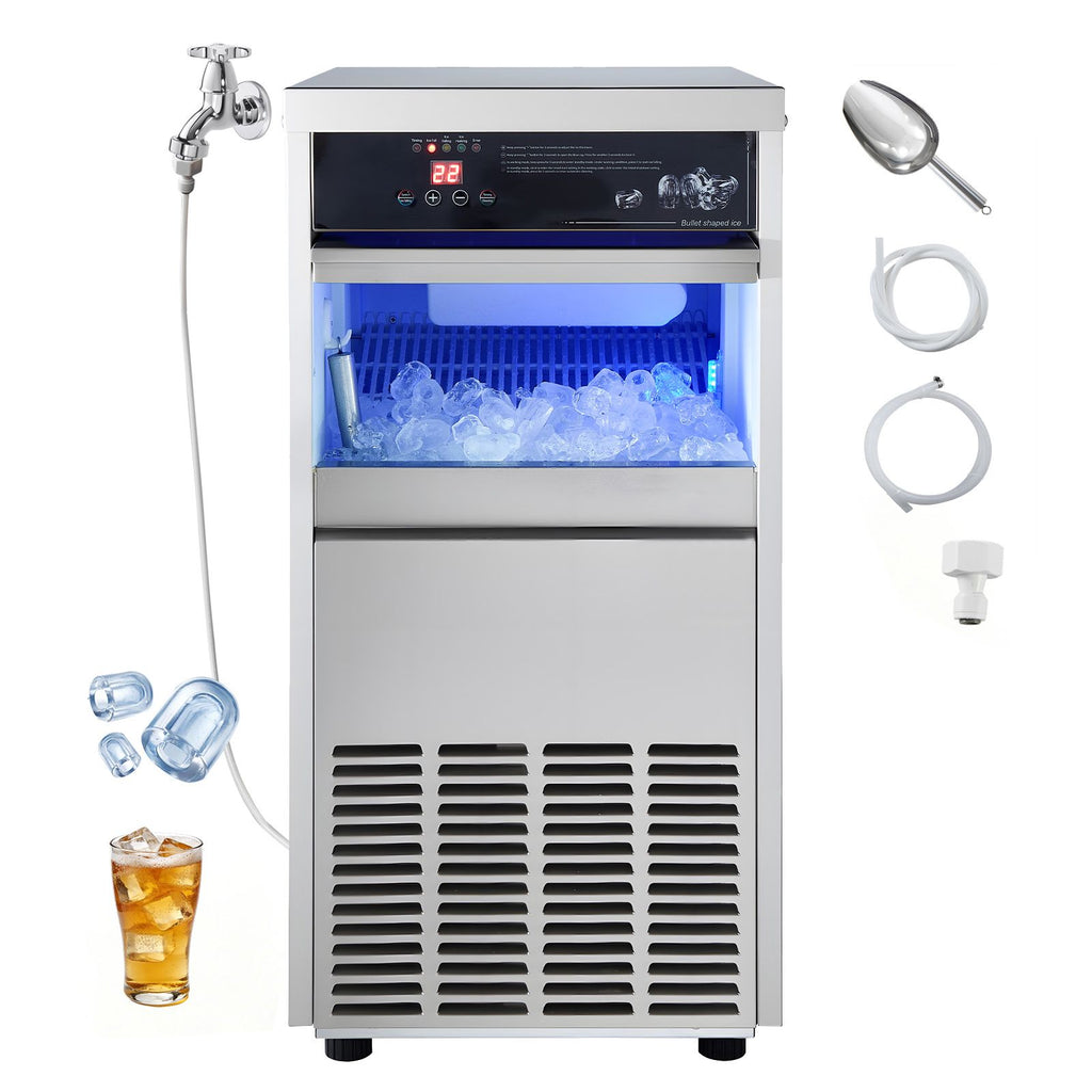 Commercial Ice Maker Machine, 100 lbs/24h with 30-35 lbs Storage, Built-in/Freestanding/Under Counter, Stainless Steel Ice Maker with LED Display & Self-Cleaning, for Home Bar Restaurant