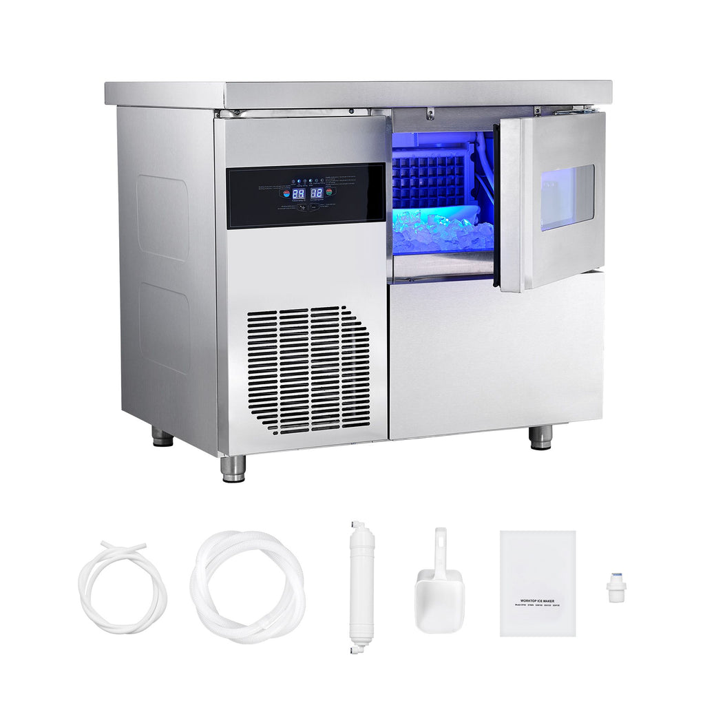 Commercial Ice Maker Machine, 132 lbs/24H Stainless Steel Ice Machine with Worktop, 30 lbs Storage & 70 Cubes/Cycle, Self-Cleaning Freestanding Ice-Making for Home Bar Office Restaurant Kitchen