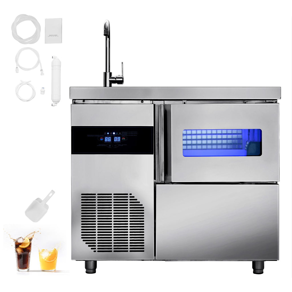 Commercial Ice Maker Machine, 132 lbs/24H Stainless Steel Worktop Ice Machine with Sink, 30 lbs Storage & 70 Cubes/Cycle, Self-Cleaning Freestanding Ice-Making for Home Bar Restaurant Kitchen