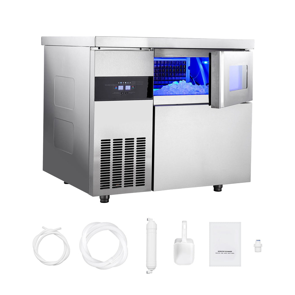 Commercial Ice Maker Machine, 220 lbs/24H Stainless Steel Ice Machine with Worktop, 66 lbs Storage & 108 Cubes/Cycle, Self-Cleaning Freestanding Ice-Making for Home Bar Office Restaurant Kitchen