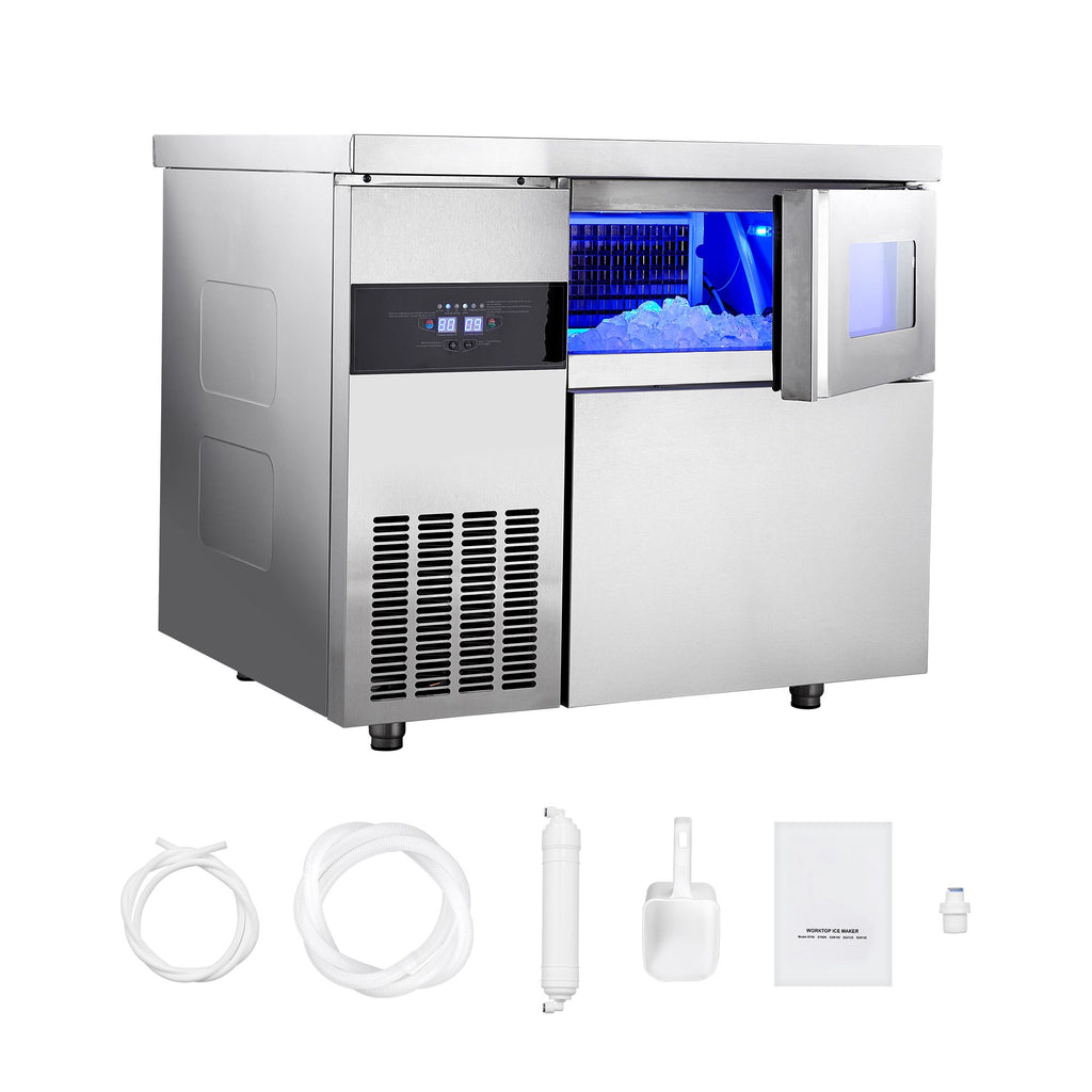 Commercial Ice Maker Machine, 265 lbs/24H Stainless Steel Ice Machine with Worktop, 66 lbs Storage & 126 Cubes/Cycle, Self-Cleaning Freestanding Ice-Making for Home Bar Office Restaurant Kitchen