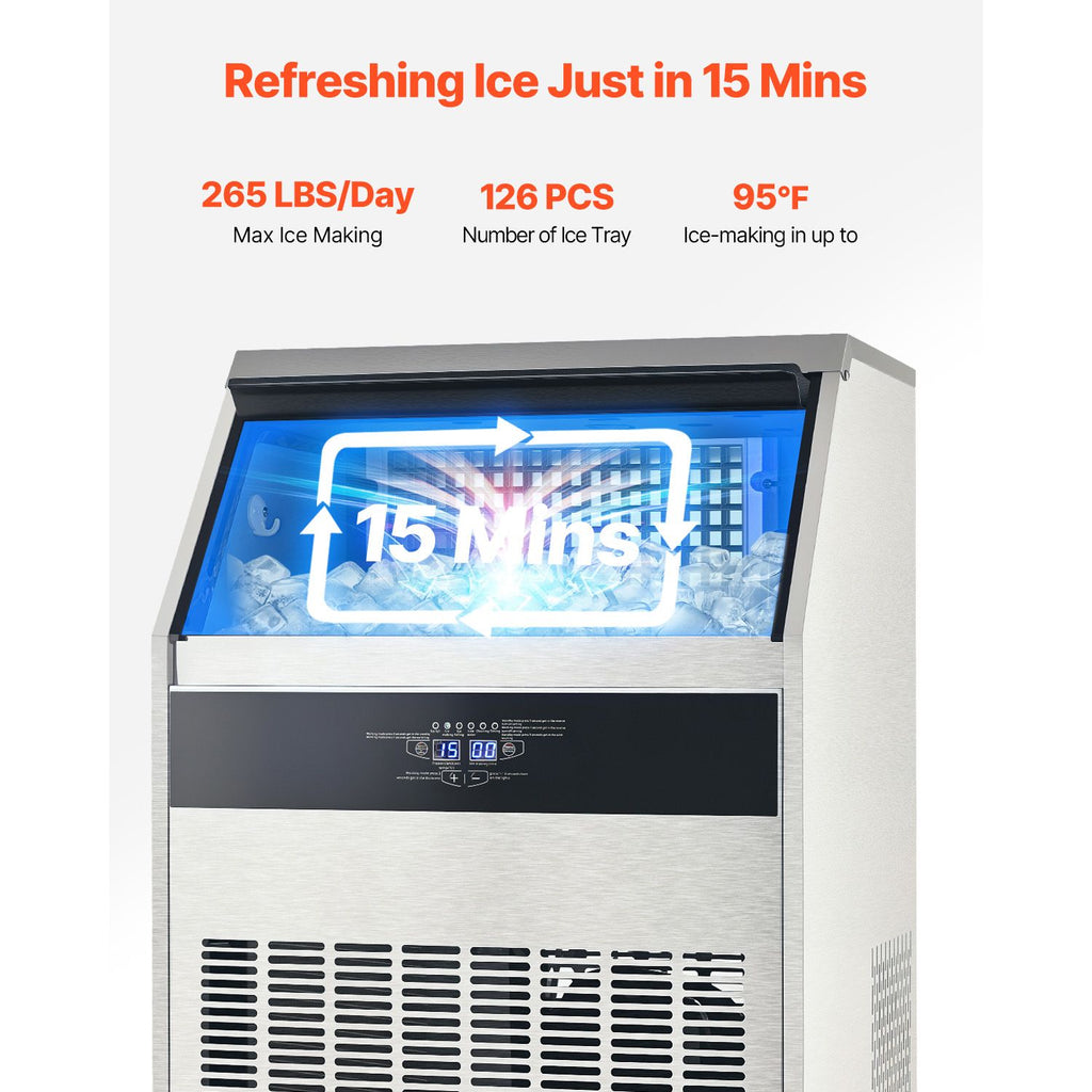 Commercial Ice Maker Machine, 265lbs/24H Ice Maker Machine with 88lbs Storage Capacity, 126 Ice Cubes in 15 Minutes, LED Digital Display Freestanding Self-Cleaning for Bar Office Restaurant image 2