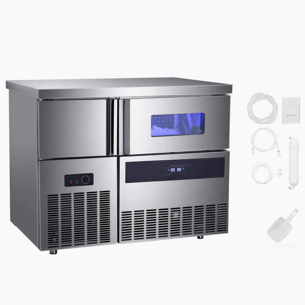 Commercial Ice Maker Machine, 330 lbs/24H Stainless Steel Ice Machine with Worktop, 88 lbs Storage & 144 Cubes/Cycle, Self-Cleaning Freestanding Ice-Making for Home Bar Office Restaurant Kitchen