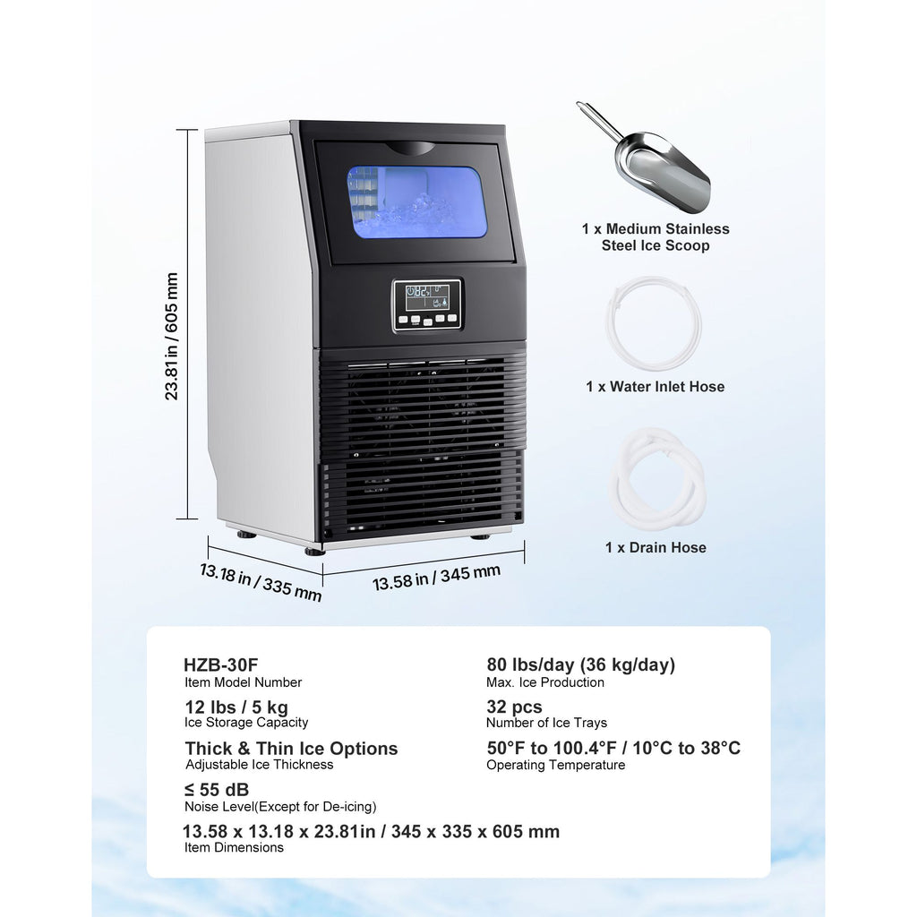 Commercial Ice Maker Machine, 80 lbs/24h with 12Lbs Storage, 32 Cubes per Cycle, Stainless Steel Freestanding & Countertop Ice Maker with LED Display & Self-Cleaning, for Home Bar Restaurant
