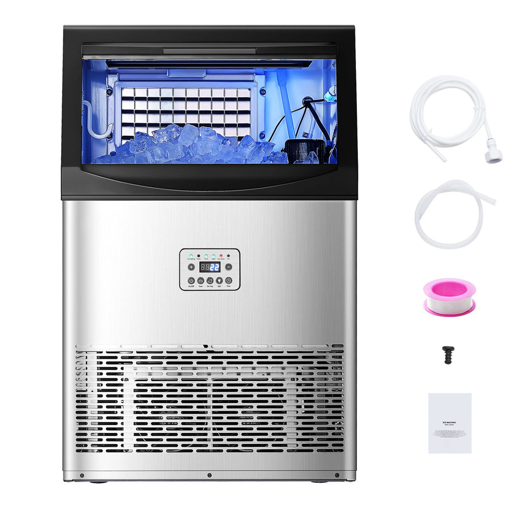 Commercial Ice Maker Machine, 90lbs/24H Ice Maker Machine with 33lbs Storage Capacity, 50 Ice Cubes in 15 Minutes, LED Digital Display Freestanding Self-Cleaning for Bar Office Restaurant