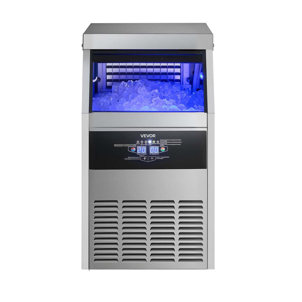 Commercial Ice Maker Machine with Pump, 130 lbs/24h with 30 lbs Storage Capacity, Built-in/Freestanding/Under Counter, Stainless Steel Ice Maker with LED Display & Self-Cleaning, for Home Bar