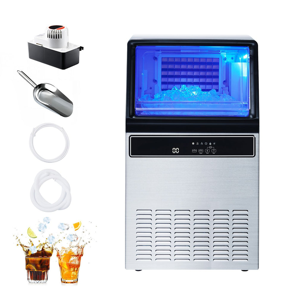 Commercial Ice Maker Machine with Pump, 130Lbs/24H with 33Lbs Storage, 45 Cubes per Cycle, Freestanding & Under Counter Ice Maker with LED Display & Self-Cleaning, for Home Bar Restaurant