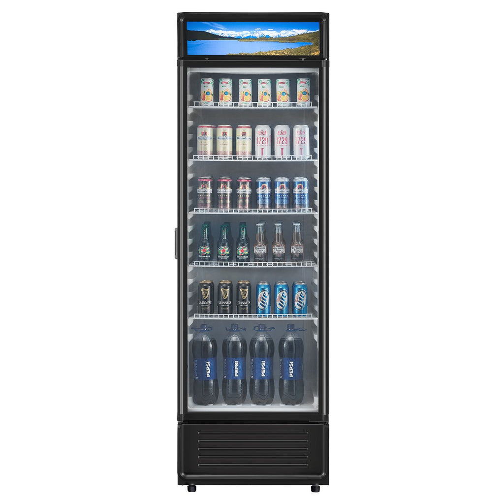 Commercial Merchandiser Refrigerator, 12.2 CU.FT Glass Door Display Refrigerator, Beverage Refrigerator Cooler Merchandiser with Adjustable Shelves, Soft LED Light, Customizable Lightbox, Black