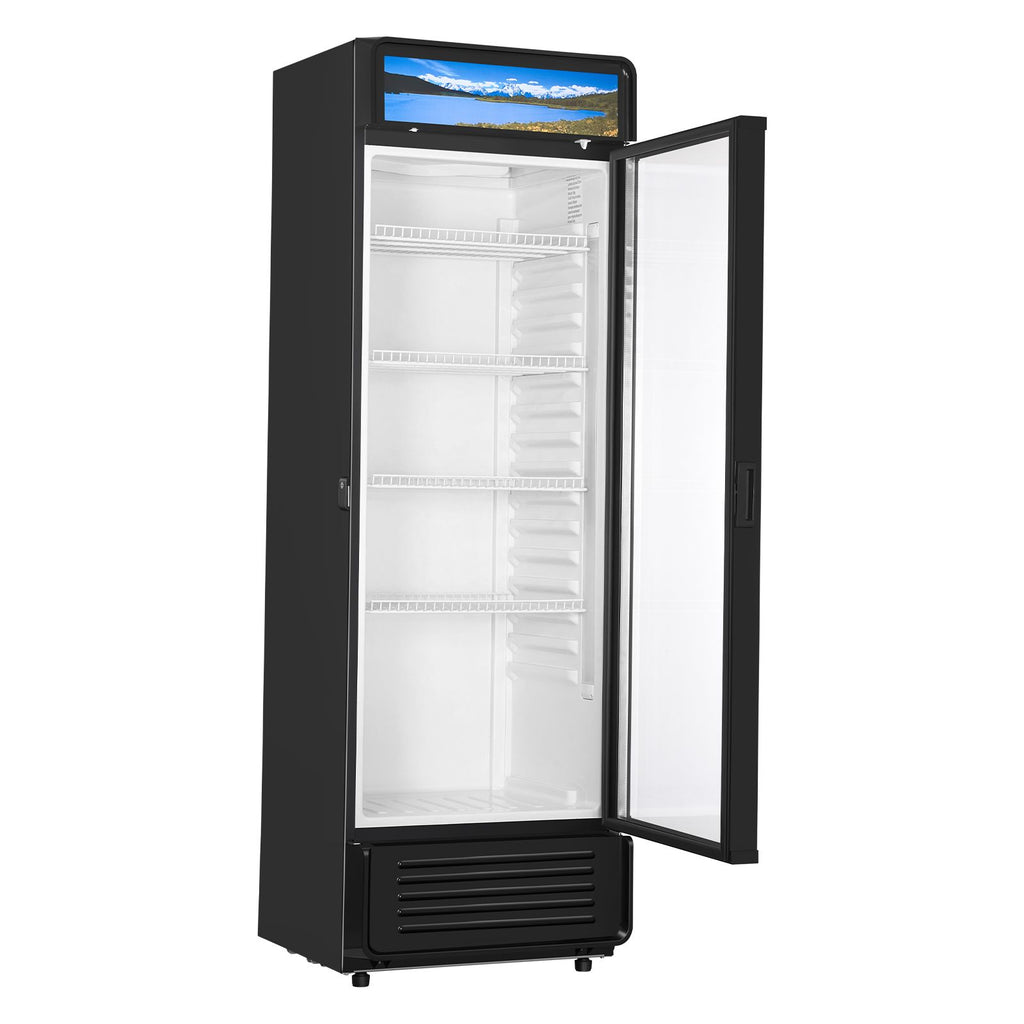 Commercial Merchandiser Refrigerator, 13.3 CU.FT Glass Door Display Refrigerator, Beverage Refrigerator Cooler Merchandiser with Adjustable Shelves, Soft LED Light, Customizable Lightbox, Black