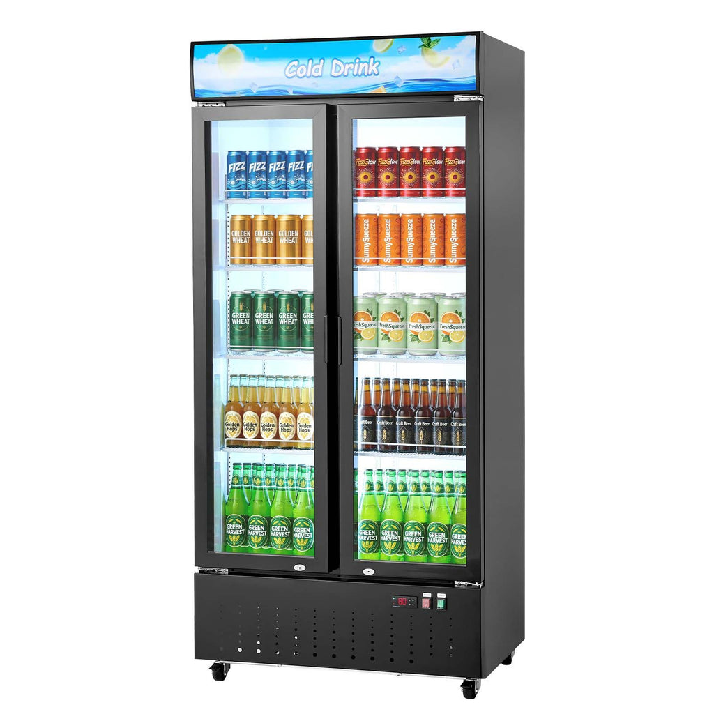 Commercial Merchandiser Refrigerator, 20.8 Cu.Ft / 590L Upright Beverage Cooler, 2 Glass Door Display Refrigerator with Customizable Lightbox, 8 Adjustable Shelves, Soft LED Lighting & Casters