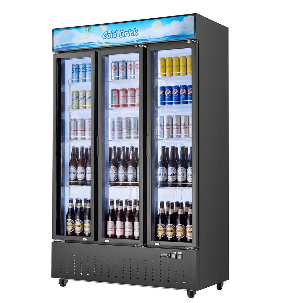 Commercial Merchandiser Refrigerator, 26.8 Cu.Ft / 760L Upright Beverage Cooler, 3 Glass Door Display Refrigerator with Customizable Lightbox, 12 Adjustable Shelves, Soft LED Lighting & Casters
