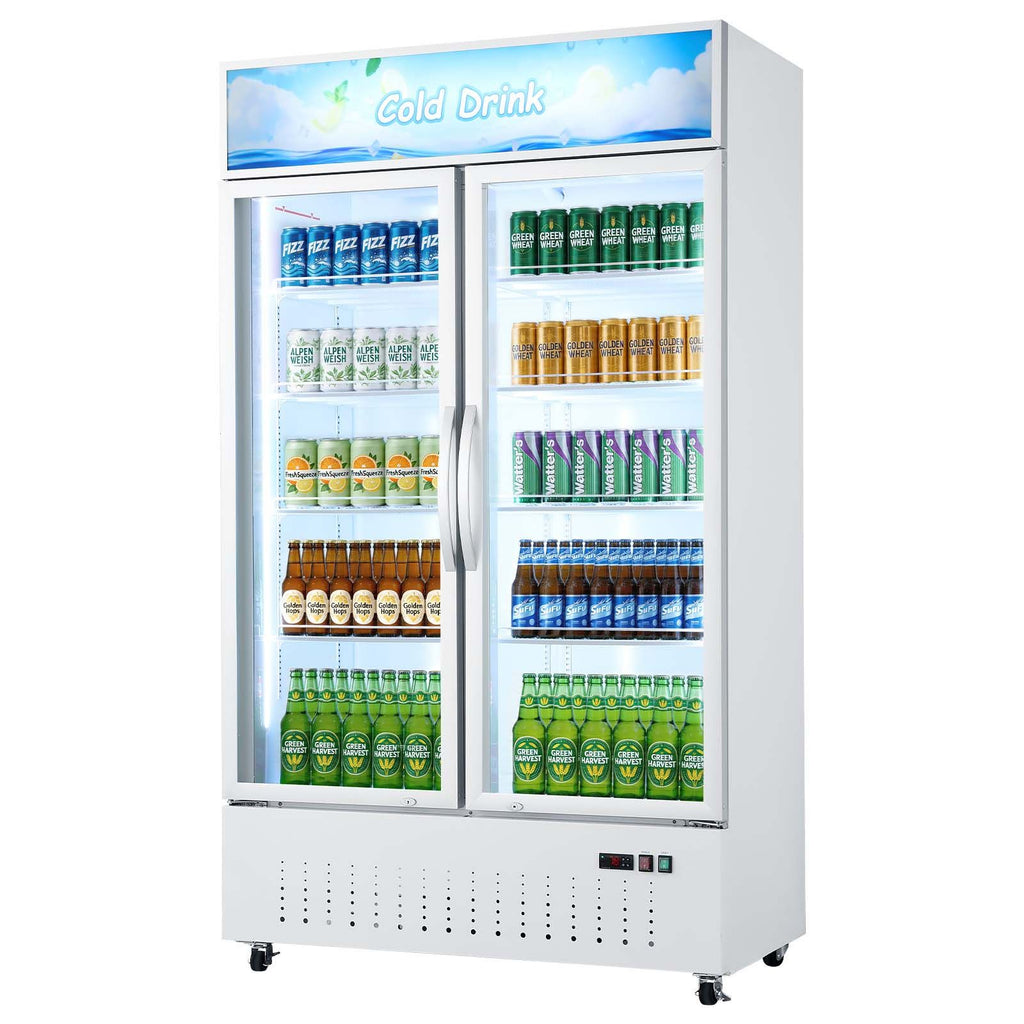 Commercial Merchandiser Refrigerator, 35.3 Cu.Ft / 1000L Upright Beverage Cooler, 2 Glass Door Display Refrigerator with Customizable Lightbox, 8 Adjustable Shelves, Soft LED Lighting & Casters