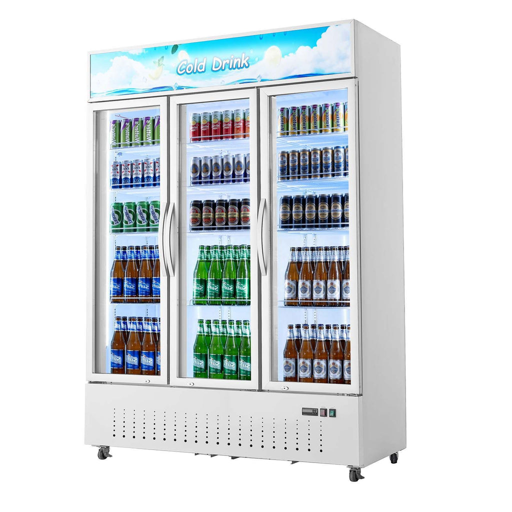 Commercial Merchandiser Refrigerator, 36.4 Cu.Ft / 1030L Upright Beverage Cooler, 3 Glass Door Display Refrigerator with Customizable Lightbox, 12 Adjustable Shelves, Soft LED Lighting & Casters