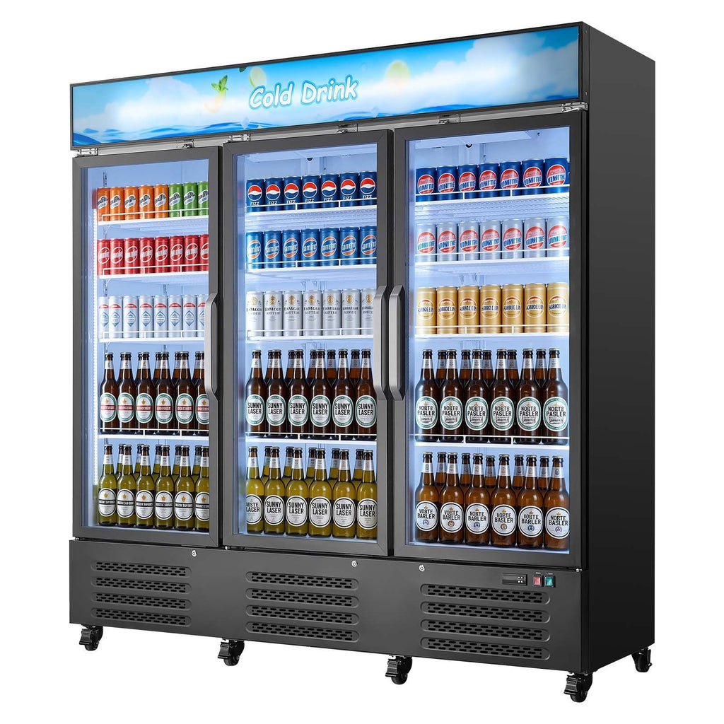 Commercial Merchandiser Refrigerator, 54.3 Cu.Ft / 1538L Upright Beverage Cooler, 3 Glass Door Display Refrigerator with Customizable Lightbox, 12 Adjustable Shelves, Soft LED Lighting & Casters