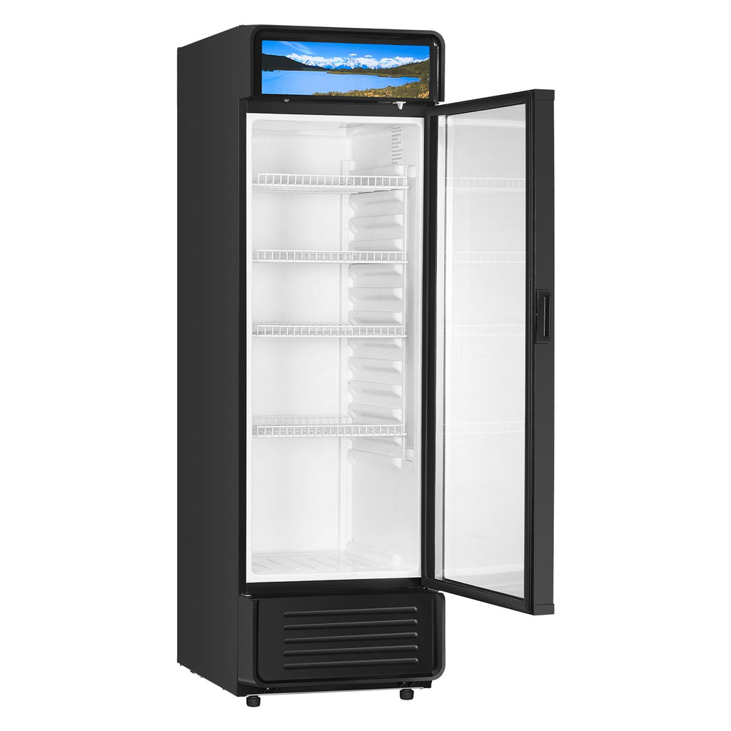 Commercial Merchandiser Refrigerator, 9.7 CU.FT Glass Door Display Refrigerator, Beverage Refrigerator Cooler Merchandiser with Adjustable Shelves, Soft LED Light, Customizable Lightbox, Black
