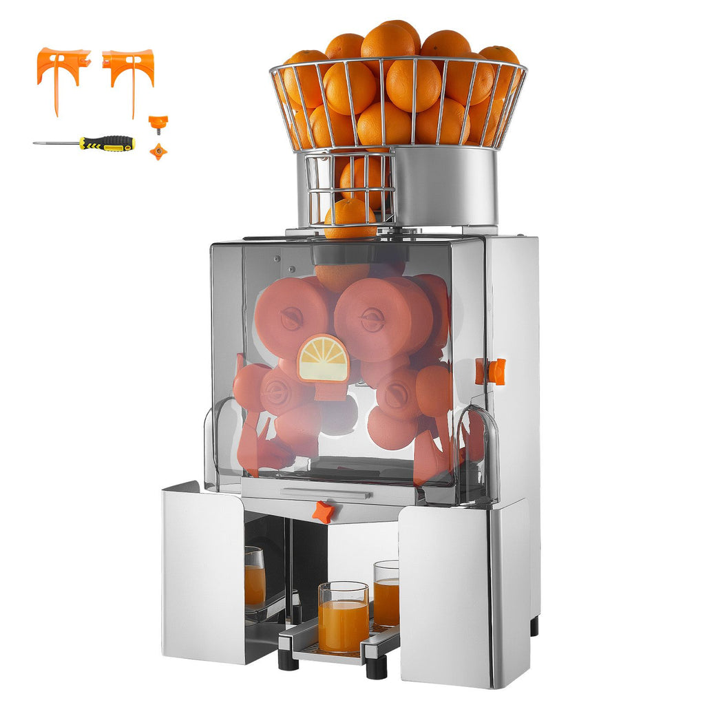 Commercial Orange Juicer Machine, 120W Electric Automatic Orange Squeezer, Lemon Citrus Pomegranates Extractor for 20 per Minute, Stainless Steel, with Peel Collecting Bucket, PC Cover