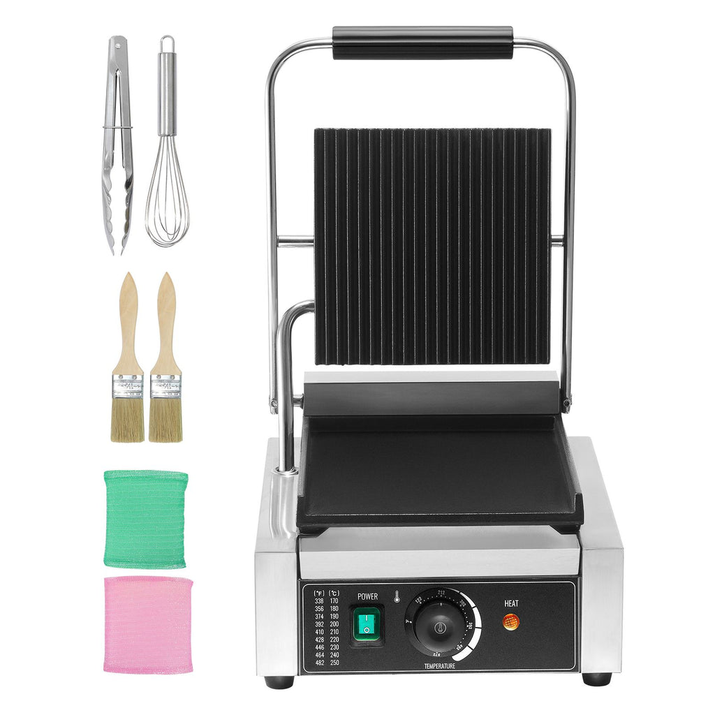Commercial Panini Grill, 1800W Electric Sandwich Panini Maker, Stainless Steel Sandwich Press Grill, Panini Grill with Temp Control & 9"x9" Flat Enamel Plate, for Hamburger Steak Bacon