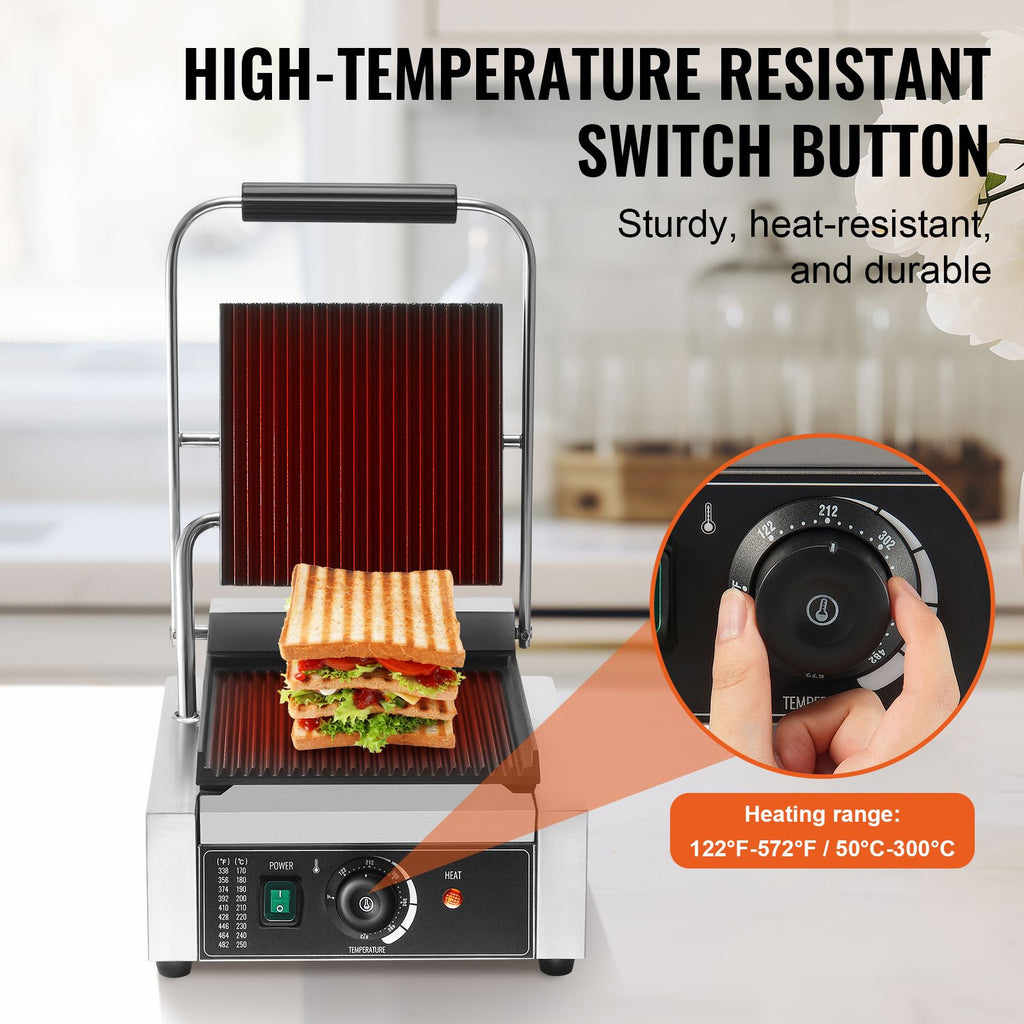 Commercial Panini Grill, 1800W Electric Sandwich Panini Maker, Stainless Steel Sandwich Press Grill, Panini Grill with Temp Control & 9"x9" Full Grooved Enamel Plate for Hamburger Steak Bacon