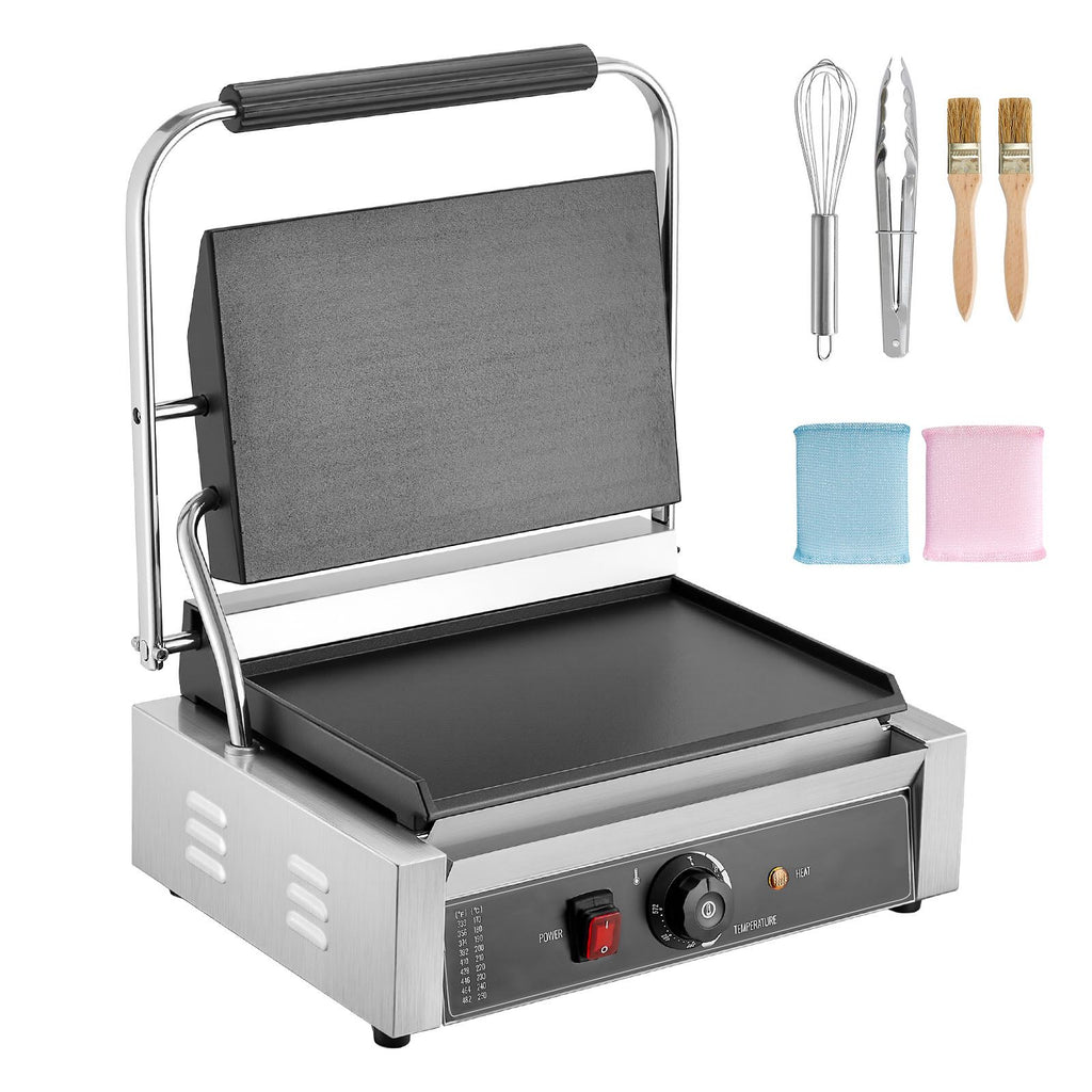 Commercial Panini Grill, 1800W Electric Sandwich Panini Maker, Stainless Steel Sandwichs Press Grill with Handle and Temp Control, 13.5x9.3 in Full Flat Enamel Plate, for Hamburger Steak Bacon