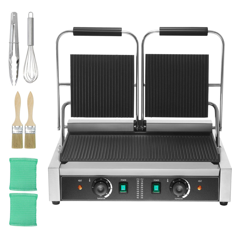 Commercial Panini Grill, 3600W Electric Sandwich Panini Maker, Stainless Steel Double Sandwich Press, Panini Grill Temp Control & 19"x9" Full Grooved Enamel Plate, for Hamburger Steak Bacon