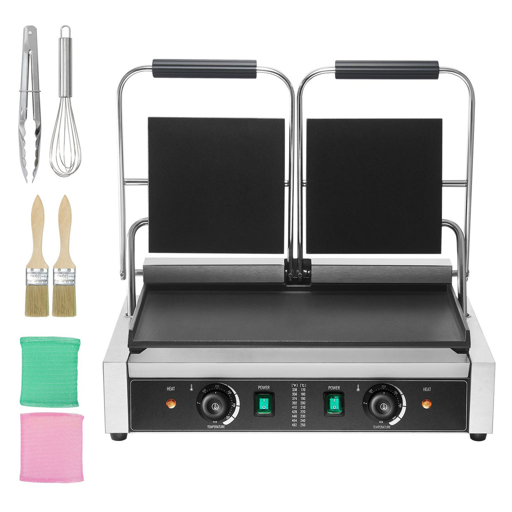 Commercial Panini Grill, 3600W Electric Sandwich Panini Maker, Stainless Steel Double Sandwich Press, Panini Grill with Temp Control & 19"x9" Full Flat Enamel Plate, for Hamburger Steak Bacon