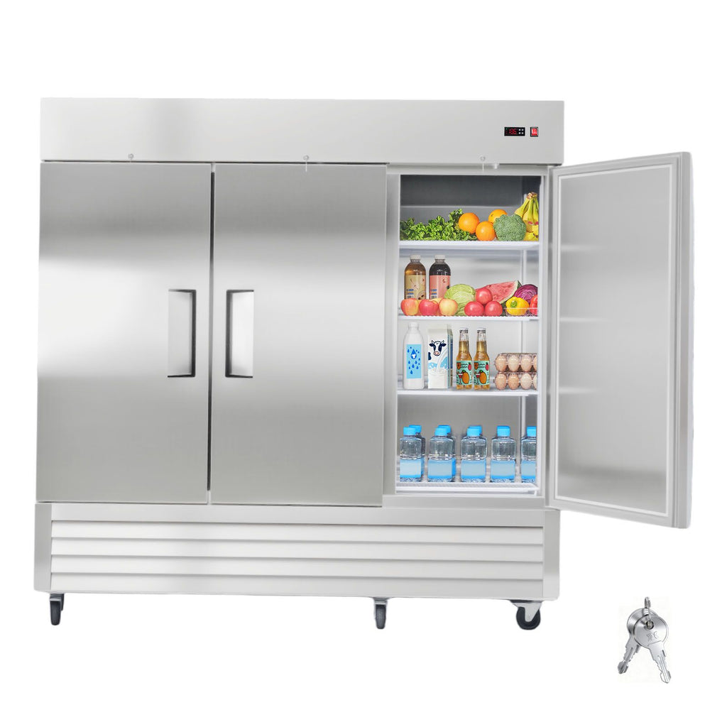 Commercial Reach-In Refrigerator 85" W, 69 Cu.Ft Stainless Steel Upright Refrigerator with Three Doors, Auto-Defrost, 12 Adjustable Shelves, 32 to 50 Fahrenheit Temp Control, ETL Certified