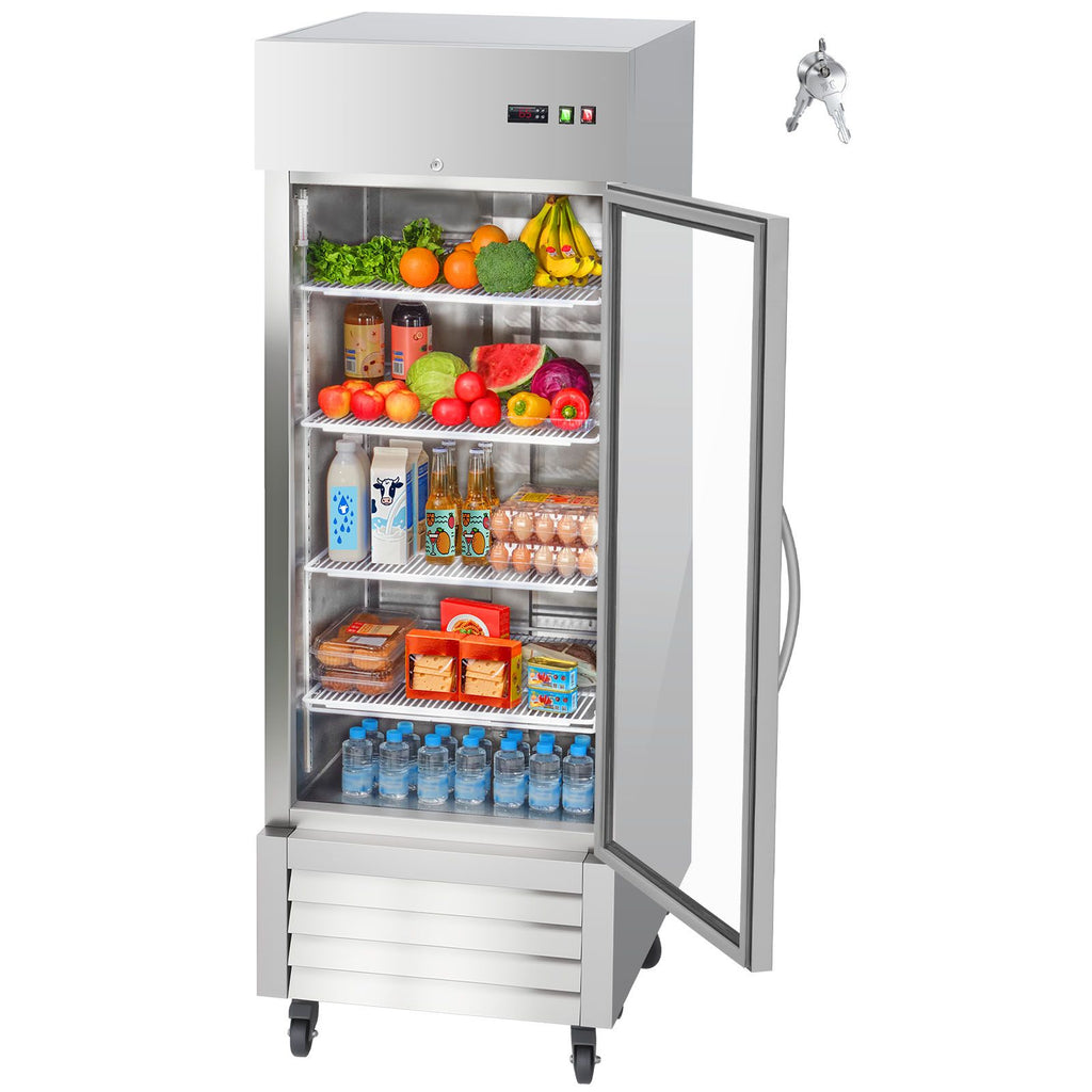 Commercial Refrigerator, 29.02 in Width Reach In Upright Refrigeration Single Glass Door, 21.5 Cu.ft Auto-Defrost Refrigerator with 4 Adjustable Shelves, 32 to 50 Fahrenheit Temp Range
