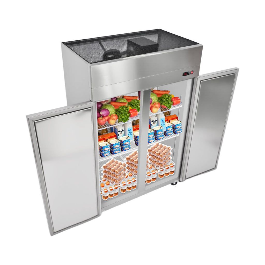 Commercial Refrigerator, 31.89 in Width Reach In Upright Refrigeration Double Door, 32.1 Cu.ft Auto-Defrost Refrigerator with 8 Adjustable Shelves, 32 to 50 Fahrenheit Temp Range, 4 Wheels