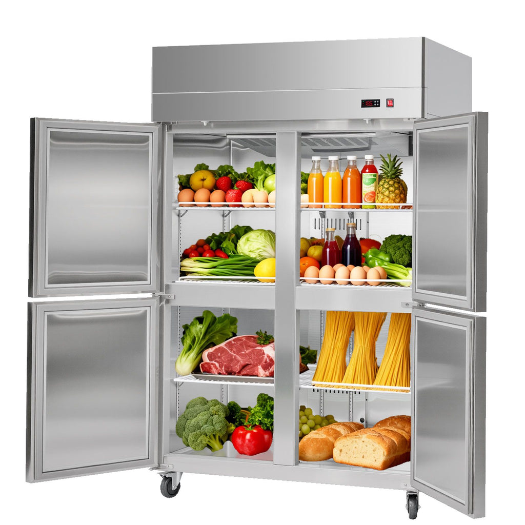 Commercial Refrigerator, 31.89 in Width Reach In Upright Refrigeration Four Door, 31.4 Cu.ft Auto-Defrost Refrigerator with 6 Adjustable Shelves, 32 to 50 Fahrenheit Temp Range, 4 Wheels